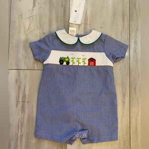 NWT Petit Ami Blue Gingham Smocked Farm & Tractor Jumpsuit Romper, Boys 3M